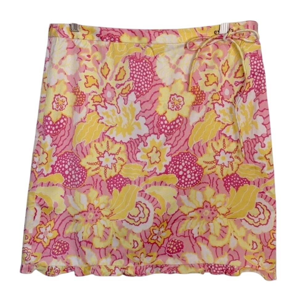 Tibi Yellow Pink Floral Ruffle Trim Drawstring Waist Skirt NEW W-398 Sz 8
